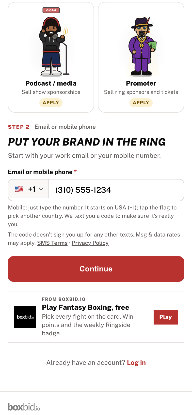 boxbid.io sign-up, first step: email or mobile phone field. Under it: the code does not sign you up for any other texts.